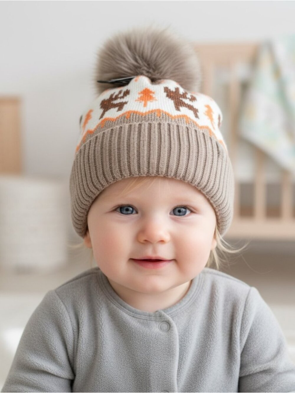 Toddler Winter Beanie Hat Fair Isle Deer Tree Pattern Faux Fur Pom Pom